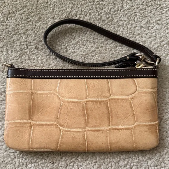 Dooney & Bourke Tan Croc-Embossed Leather Wristlet with Dark Brown Trim - Picture 2 of 3